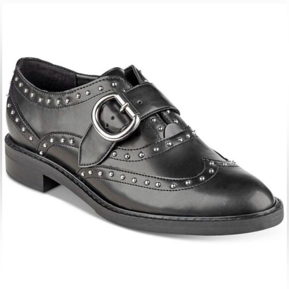 Marc Fisher Black Bryleigh Buckle Strap Studded Slip On Oxford Flats Shoes 8.5